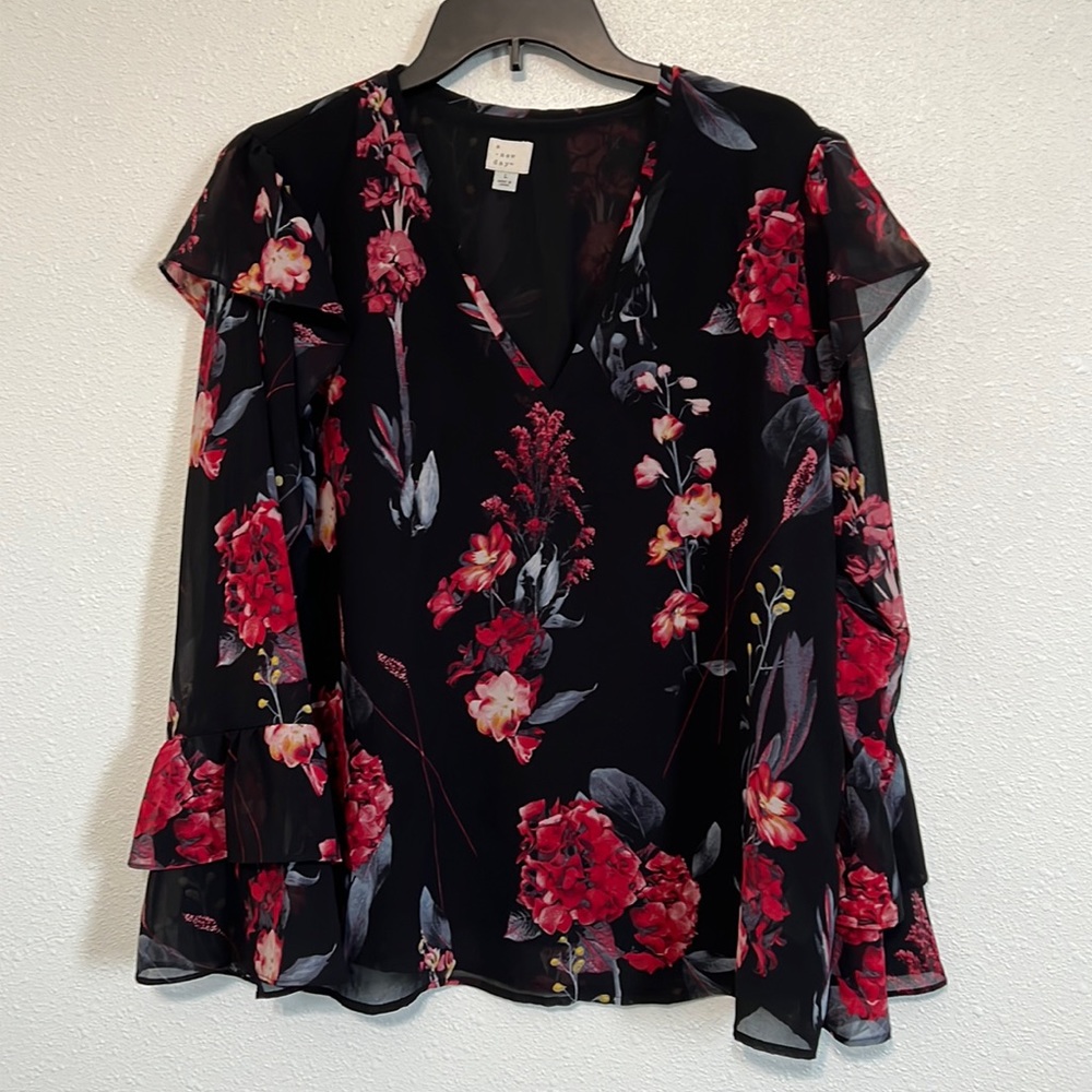 a new day. Woman’s Blouse. Red floral. Size L